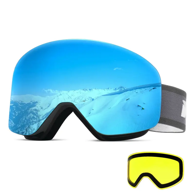 MEELOOG Frameless OTG Ski Goggles for Men, Adjustable Frame/Glasses Compatible, Double-Layer Magnetic Lenses, P1 Grey Frame-Red Lens (VLT 19%), Anti-Fog Coat, UV400 Shield, Night Vision, Vision Correction, Chip Resistant, Non-Slip Strap
