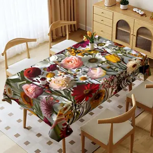 Vibrant Floral Rectangular Tablecloth, 1 Piece Thickened Polyester Table Cover, Waterproof & Oil - Washable, Multiple Specifications & Colors Available, Suitable for Home & Outdoor Dining Room Use, Perfect for Dining Tables with Wooden Chairs