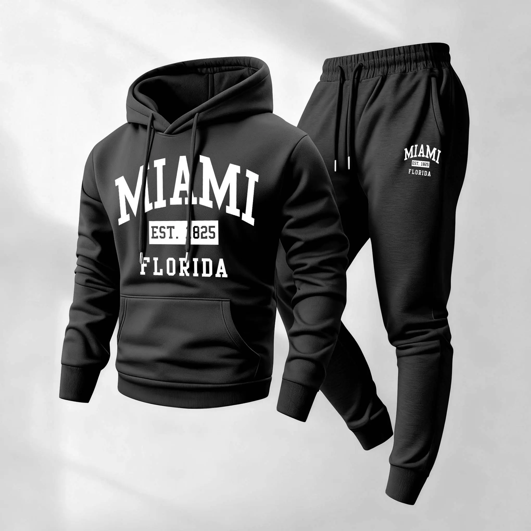 Men's Retro Miami Patterned 2-Piece Hoodie & Drawstring Track Pants Set - Men's Fashion Sporty Sweatsuit Matching Set, Casual Athletic Long-Sleeved Hooded Outfit for Fall, Winter Street Style, Indoor-Outdoor Wear, Sporty Set