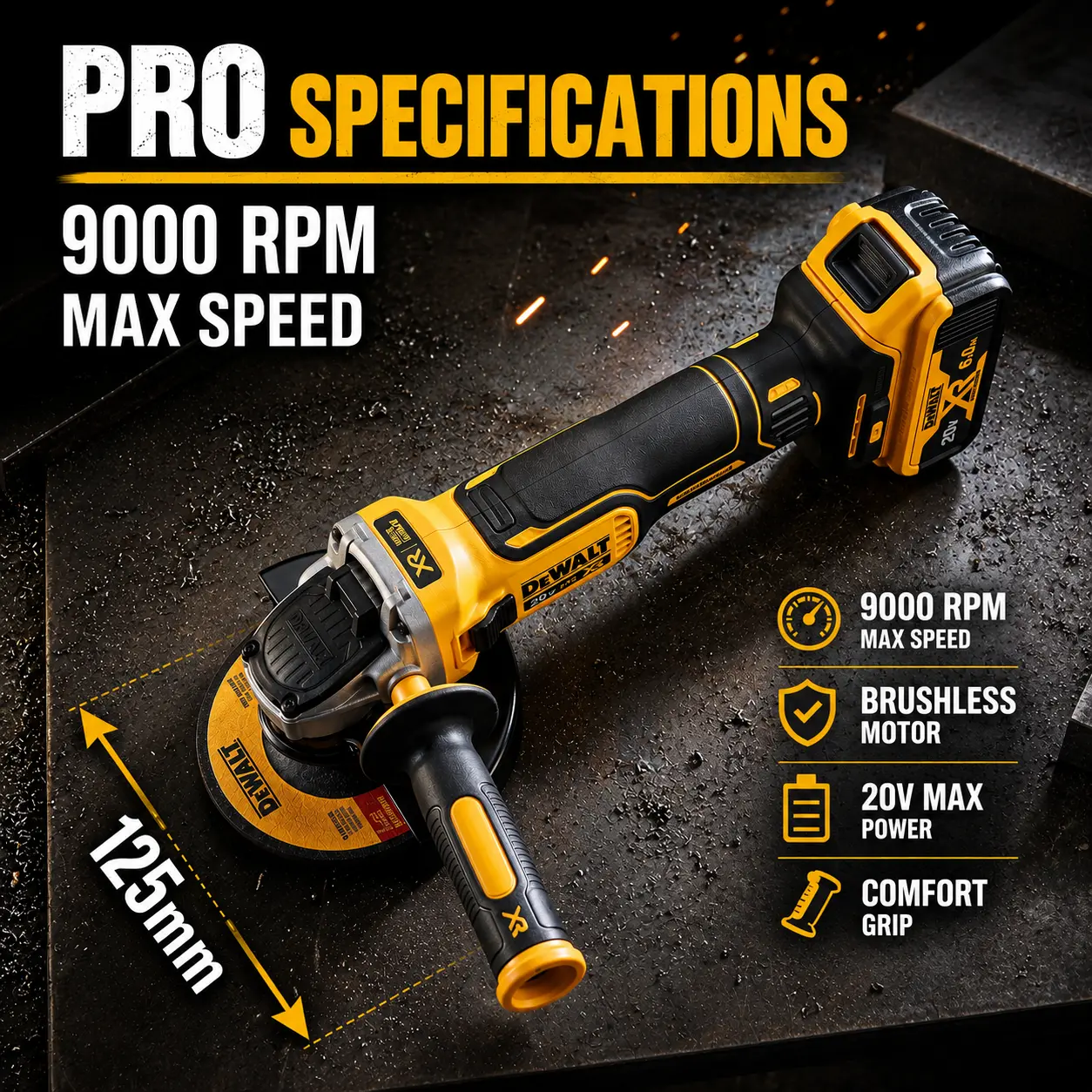 DEWALT DCG405NT Brushless Angle Grinder - 125mm Disc Size, 9000RPM No-Load Speed, Electron Brake, Professional Hand Tool for Tools & Hardware Applications
