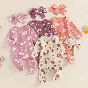 Newborn Baby Girl Fall Winter Outfits Clothes Knit Jumpsuit Ruffle Romper with Headband Newborn Coming Home Outfit for Baby Girl