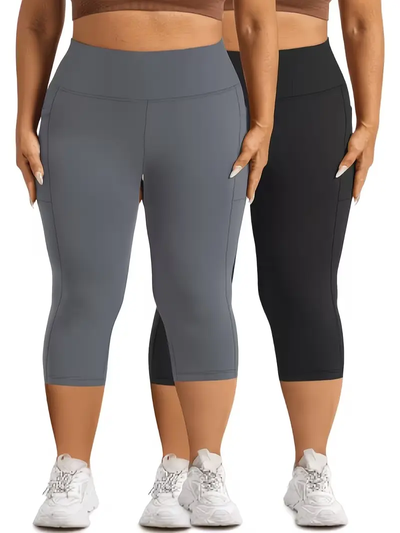 2 Pack Plus Size Workout Leggings Women's Lightweight Soft Capri Leggings Crop Leggings 3/4 Stretch Yoga Pants Athletic Leggings