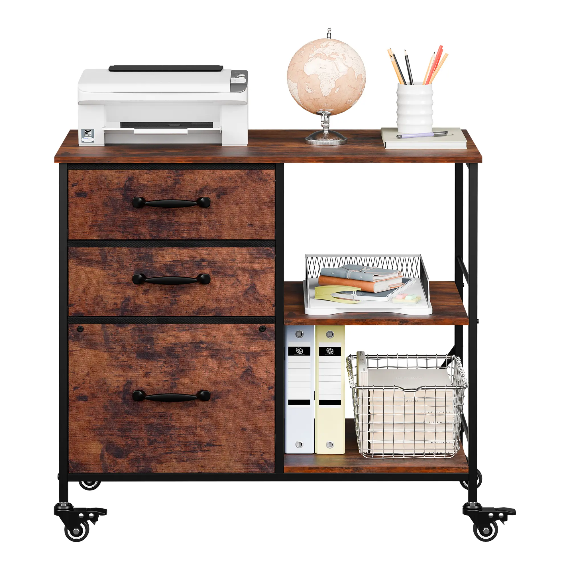 JupiterForce 3-Drawer Lateral Rolling Filing Cabinet - Rustic Brown Office Furniture for Adults, 26lbs, 15.8"d x 29.9"l x 27.6"h, Open Storage Shelf, Mobile Printer Stand, Home Office Workstation, Steel Frame Storage Unit Closet, Includes Hardware, Partic