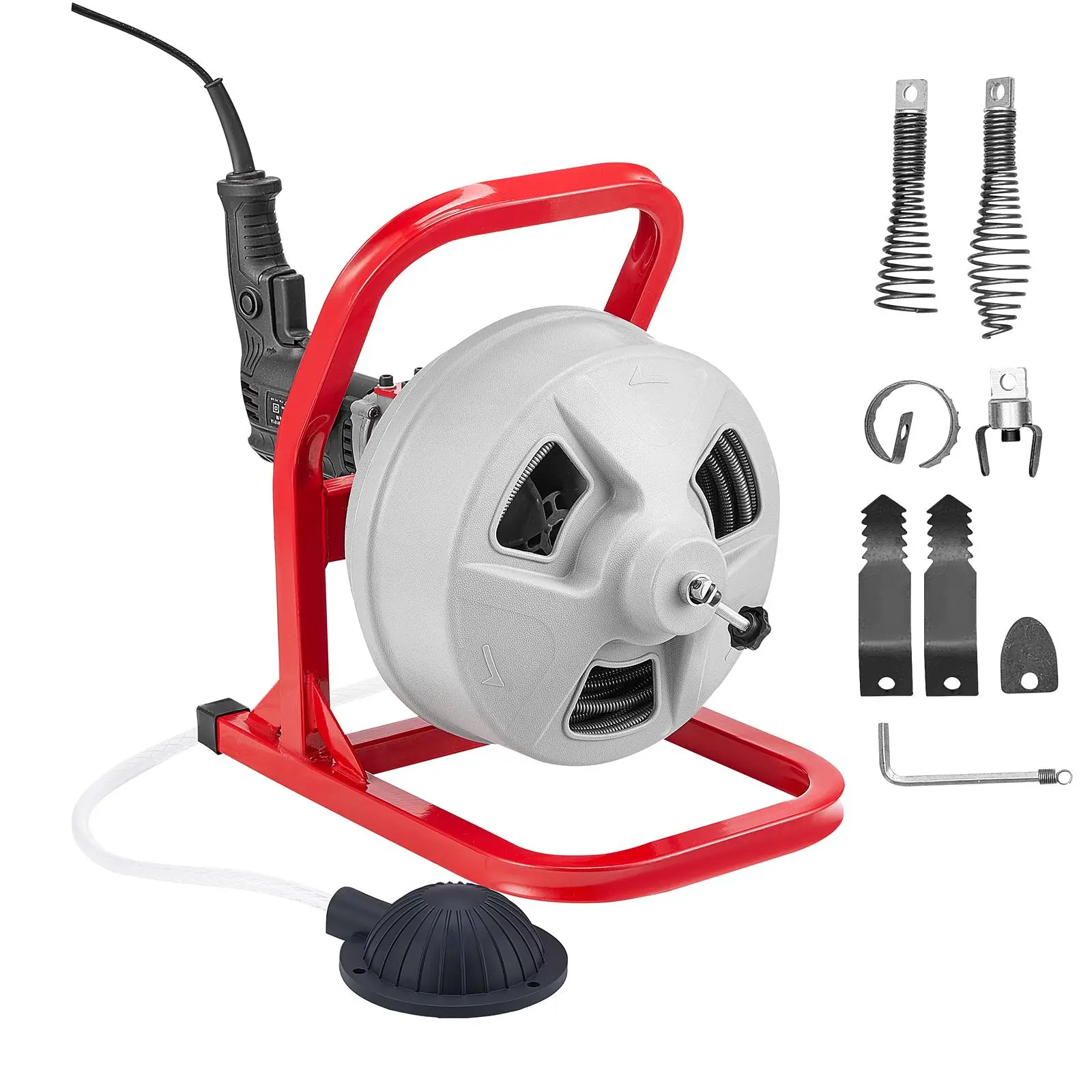 VEVOR Pipe Cleaning Machine, 50 FT x 5/16 In Sewer Snake Auger with 228RPM Electric Drill, Manual Feed with 6 Cutters Set, Air-Activated Foot Switch, Fits 2-4" Pipes