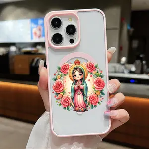 Cute Virgin Mary & Flower Pattern Clear Magnetic Phone Case , Compatible with MagSafe Silicone Bumper Protective Cover For iPhone X XS 11 12 13 14 15 16 17 Pro Max Plus Air