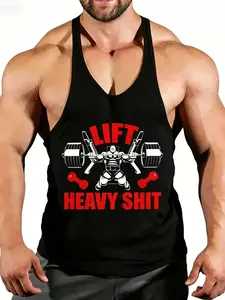 Men's Y-Back Gym Tank Top, Sports Tank Tops, "Lift Heavy" Weightlifter Print, Quick Dry Breathable Sleeveless Workout Stringer for Bodybuilding Training