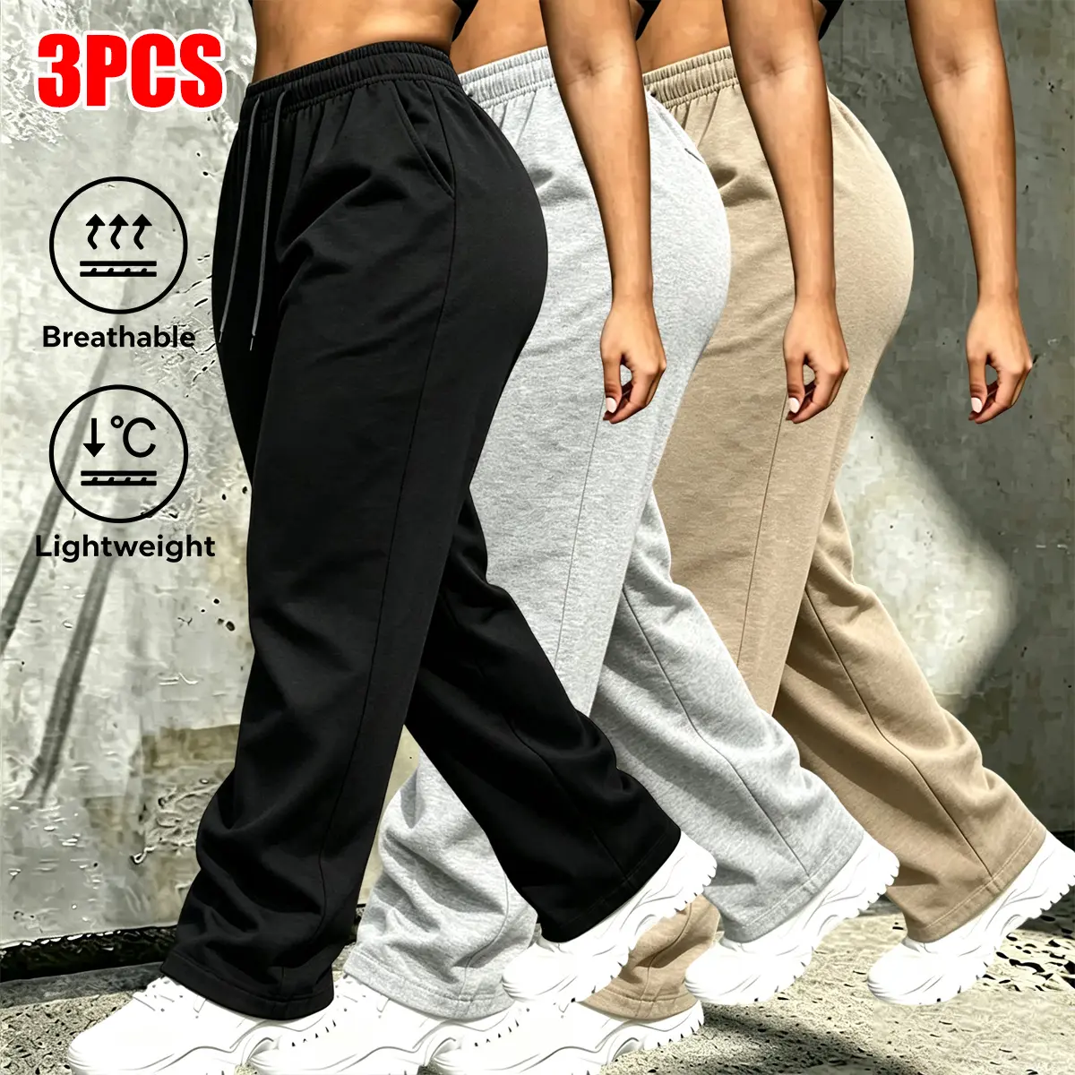 Women's 3-Pack Polyester Athletic Jogging Pants, All Seasons Athletic Wear with Drawstring Waistband & Zippered Pockets, Sporty Look Pants for Women Suitable for Running, Fitness, Outdoor Leisure, Zip Pockets