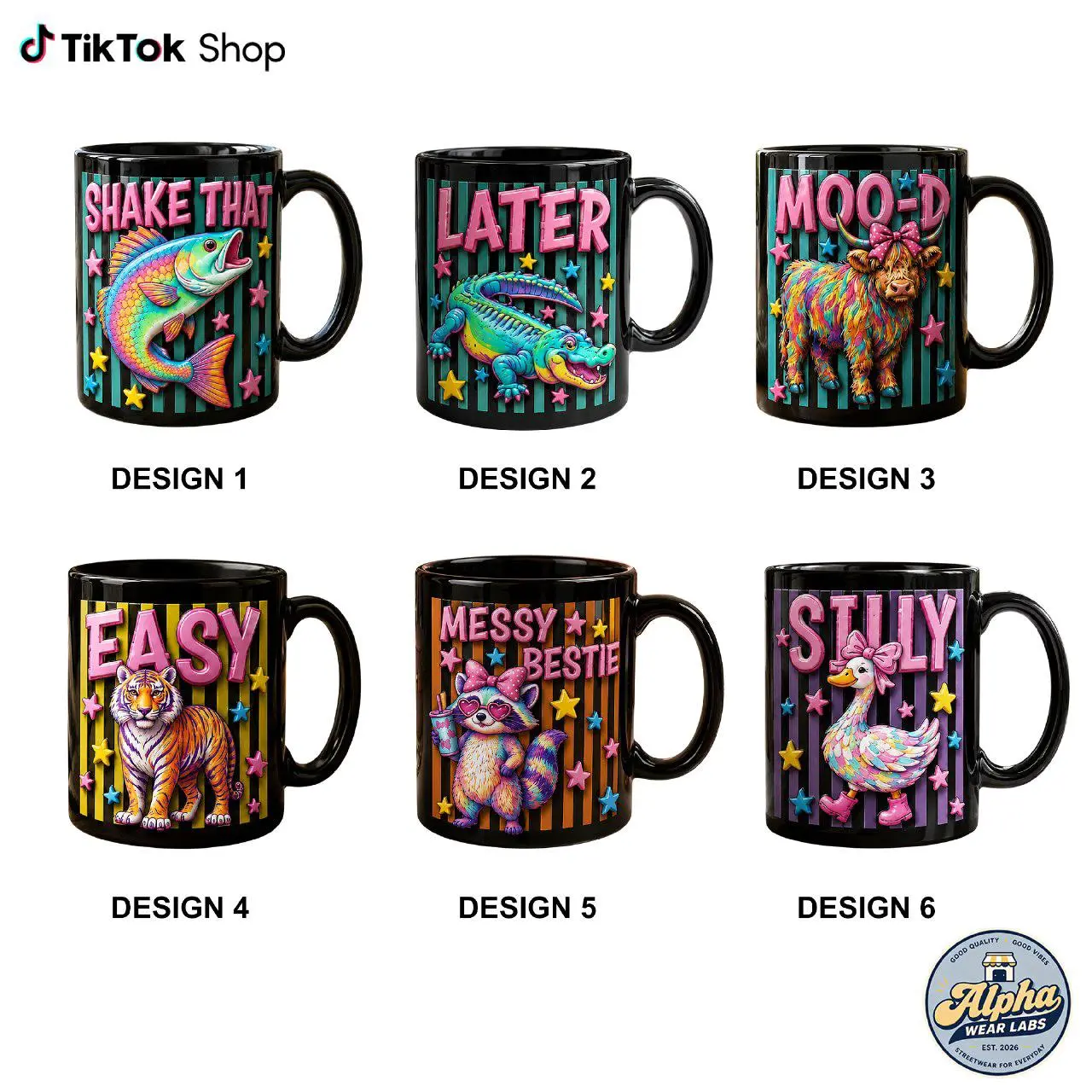 Retro Washable 3D Effect Colorful Aesthetic Animal Coffee Cup - Funny Pun Collection with Cute Highland Cow, Duck, Tiger, Fish, Alligator, Raccoon Designs - Kitchenware Drinkware Birthday Gifts, Reusable