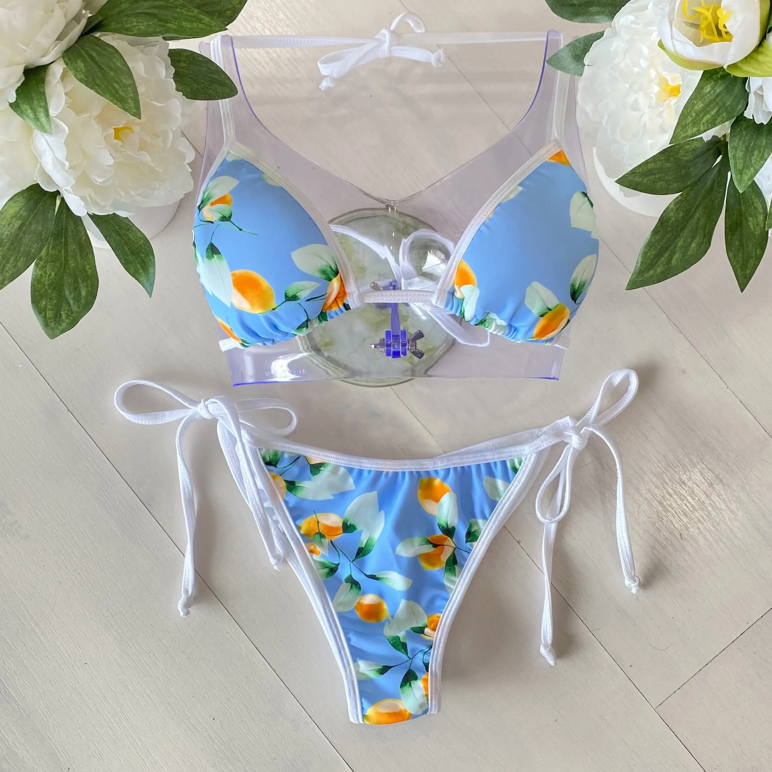 Baby Blue Lemon Print Bikini Set, Fresh Citrus Swimwear for Women, Cute Summer Beach Outfit, Tropical Vacation Swimsuit