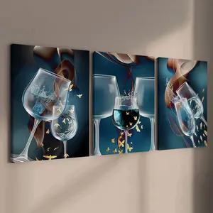 3-Pack Wood Frame Canvas Art, Artistic Abstract Gold Butterfly Wine Glass Poster, Modern Living Room Decor, Waterproof, Gift Idea