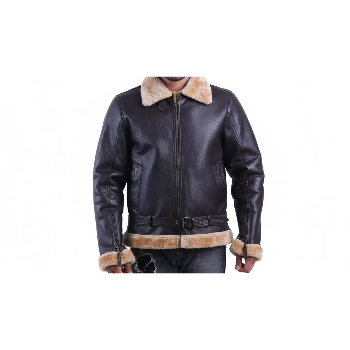 Men’s Black/Brown Leather Shearling Aviator Biker Jacket Fur Lined Winter Coat