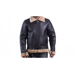 Men’s Black/Brown Leather Shearling Aviator Biker Jacket Fur Lined Winter Coat