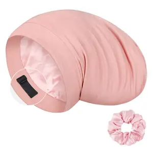 Mulberry Silk Bonnet for Sleeping Women, Real Silk Sleep Cap for Curly Hair and Braids, Pure  Wrap with Scrunchies, Pink