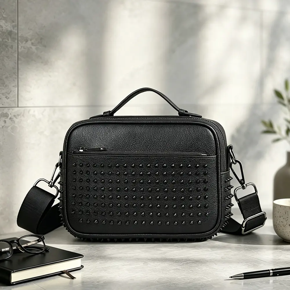 Men’s crossbody/shoulder bag with large capacity, black; unique trendy design with studded accents; suitable for daily commuting, outdoor outings, and casual shopping; minimalist style, solid color PU; a great gift for a boyfriend; street-casual style; zi