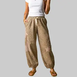 S-4X Plus Size Khaki Leopard Print Jogger Pants, Star Patched Drawstring Elastic Waist Sweatpants, 100% Polyester Super Stretchy Fabric, Casual Loungewear Streetwear Joggers,Khaki Leopard Print Star Patched Drawstring Elastic Waist Jogger Pants