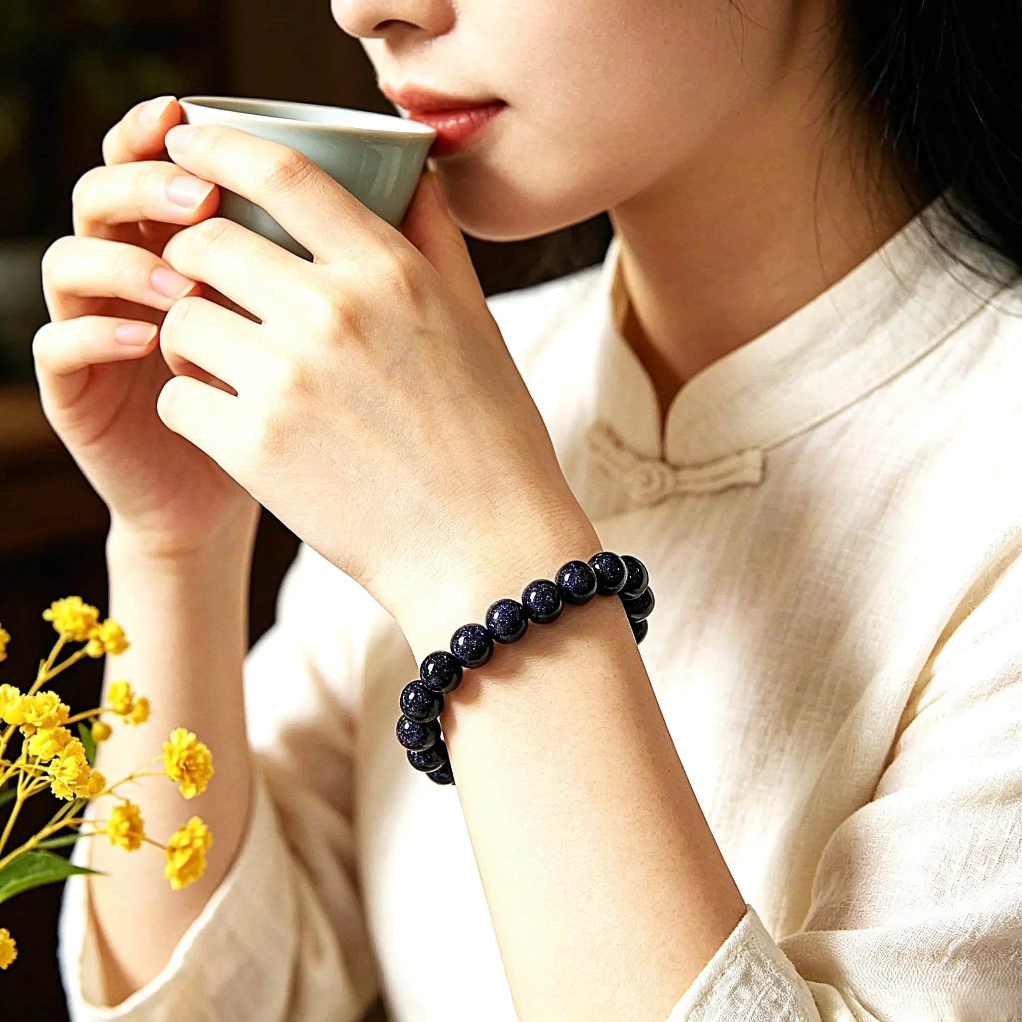 Blue Goldstone Bracelet | Water Energy | Fits Smaller Wrists Under 6.3" (16 cm), Sparkling Galaxy Bead Bracelet, Starry Night Cosmic Jewelry, Stretch Crystal Bracelet Symbolizing Confidence, Chinese Feng Shui Prosperity Bracelet