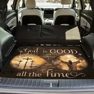 1pc of Vintage Car Trunk Mat Auto Interior Accessories Featuring a Faith-Based Design That Says "God Is Good All The Time" Along with Crosses And a Sunset Scene. Made from Durable Polyester, It Is Non-Slip And Easy to Clean