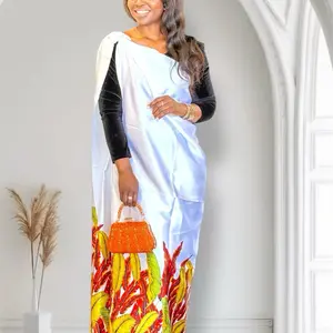 Sudanese Traditional Wear - Vibrant Leaf Print multicolor Satin Saree wear with Black Sleeves or white Womenswear Dress.