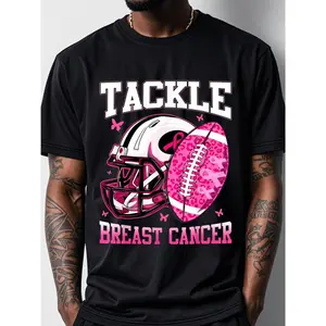 [100%25 Cotton] Men'S "Tackle Breast Cancer" Awareness T-Shirt - Black With Pink Helmet & Football Graphic, 100%25 Cotton, Crew Neck, Short Sleeve For Casual Wear T-Shirt For Men And Women