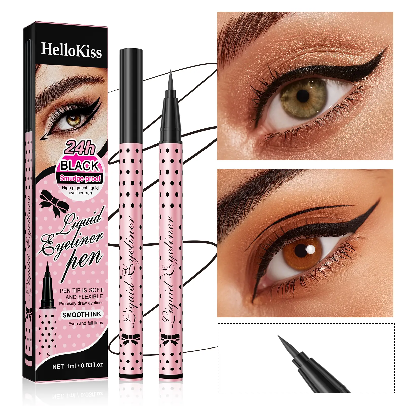 HelloKiss 24HR Black Liquid Eyeliner - Soft Tip, Flexible Precision Application for Winged Liner, Smudge-Proof, Long-Lasting Eye Makeup