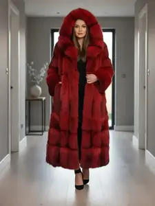 Women's Faux Fur Coat, Elegant Long Sleeve Hooded Design, Soft Fox Fur Patchwork, Loose-Fitting Winter Outerwear for Travel Christmas New Year