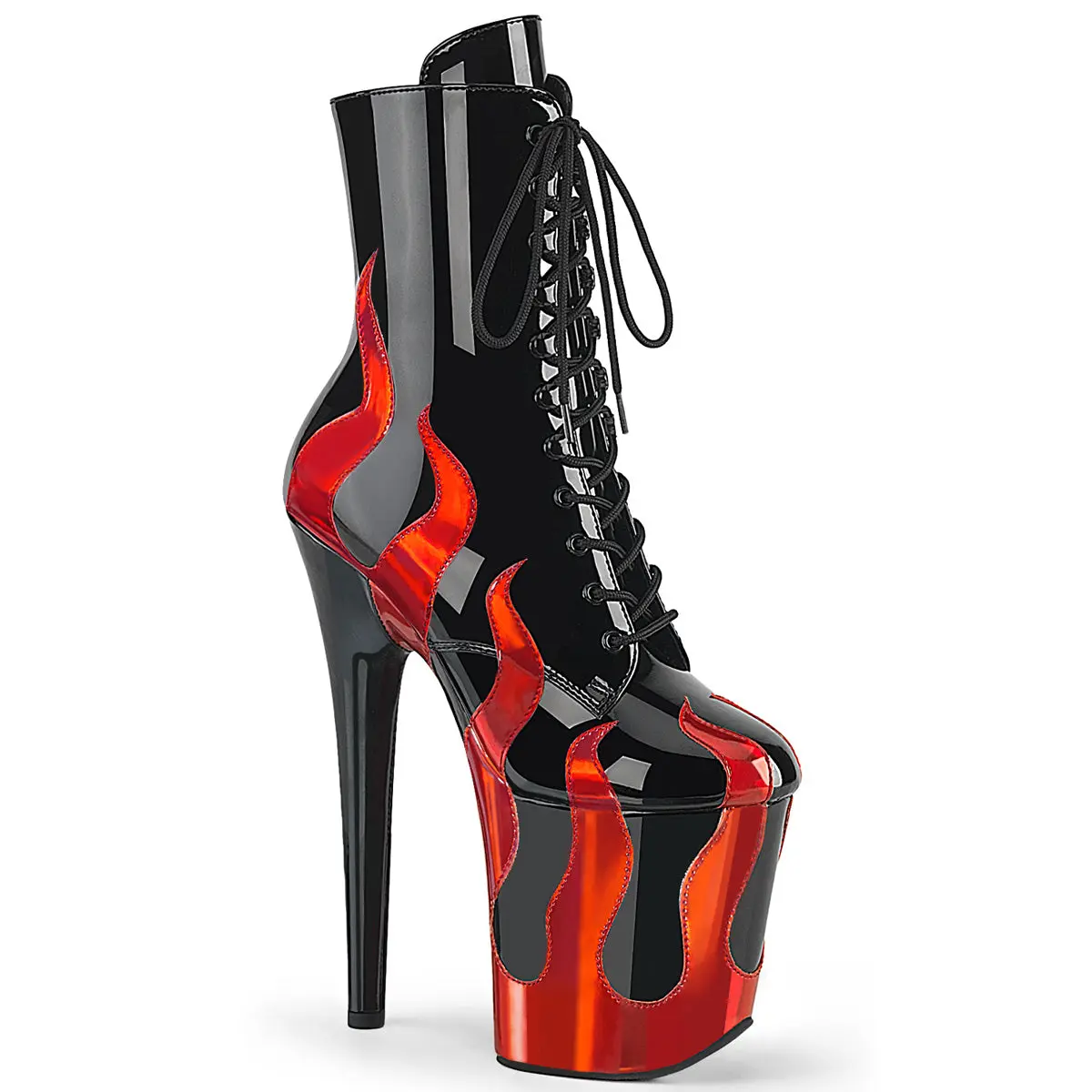 Pleaser Women's Flamingo-1020FLM Black Patent Vegan Leather Ankle Boots - 8" Heel, Lace-Up Platform, Red Metallic Flame Motif, Side Zip, Statement Shoe, Footwear