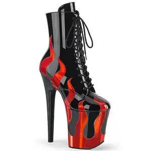 Pleaser Flamingo-1020FLM 8" Heel, 4" Platform Lace-Up Ankle Boots in Black Patent Vegan Leather with Red Metallic Flame Design