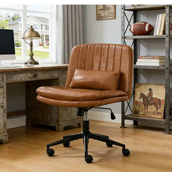 Criss Cross Armless Swivel Rolling Desk Chair with Wheels, Adjustable Height, PU Leather, Lumbar Pillow, Legs - Low Back Pain Relief, Bad Posture Support Commercial Office Furniture for WFH Setup, Home Office, Easy‑Clean Pu Seat