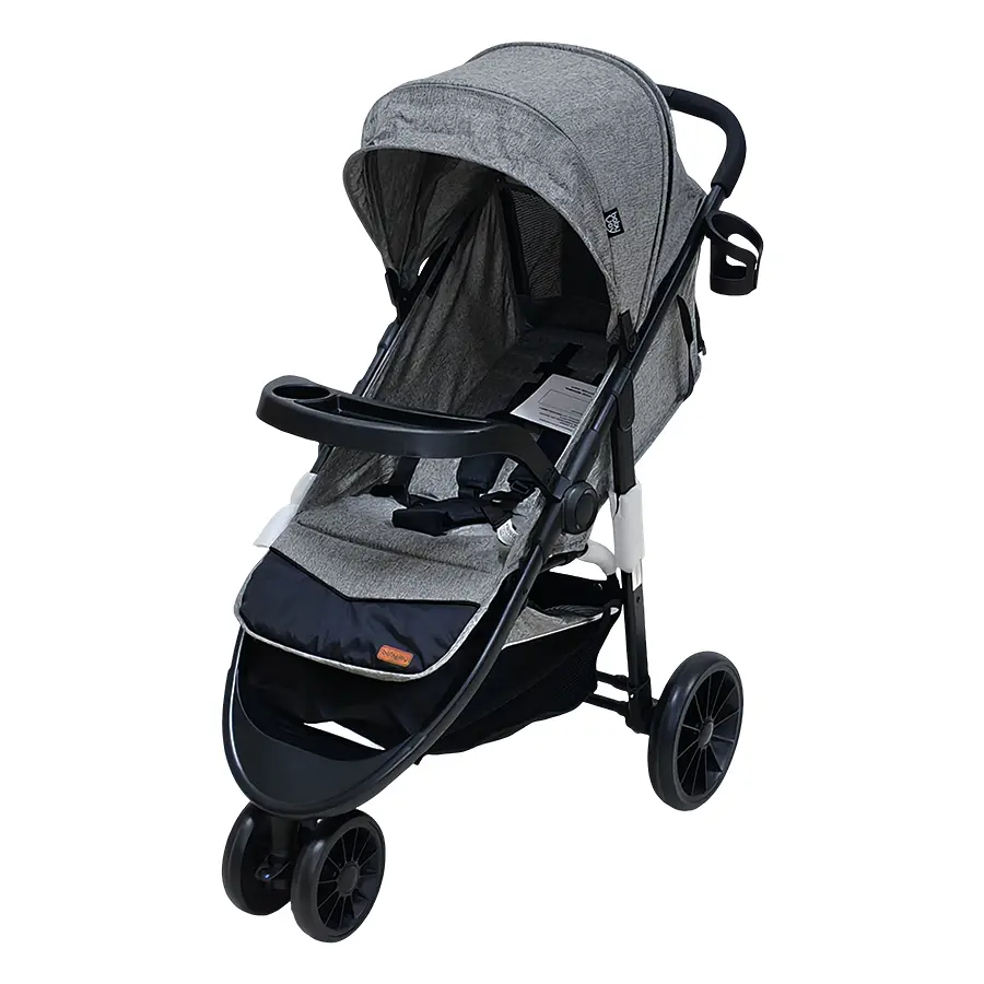 Three-wheeled Baby Stroller Foldable with Reclining Seat Includes Tray & Cup Holder Features Extended Sun Canopy Breathable Mesh Panel EVA Wheels