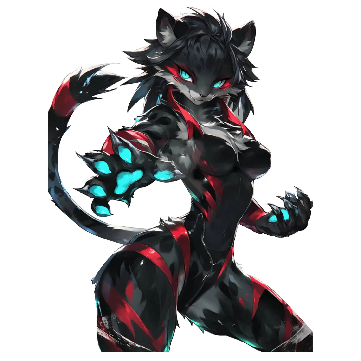 Anime Black Panther Girl Vinyl Sticker, Cyber Fantasy Cat Warrior Decal, Cool Red Blue Art For Tumbler, Laptop, Water Bottle, Phone Case