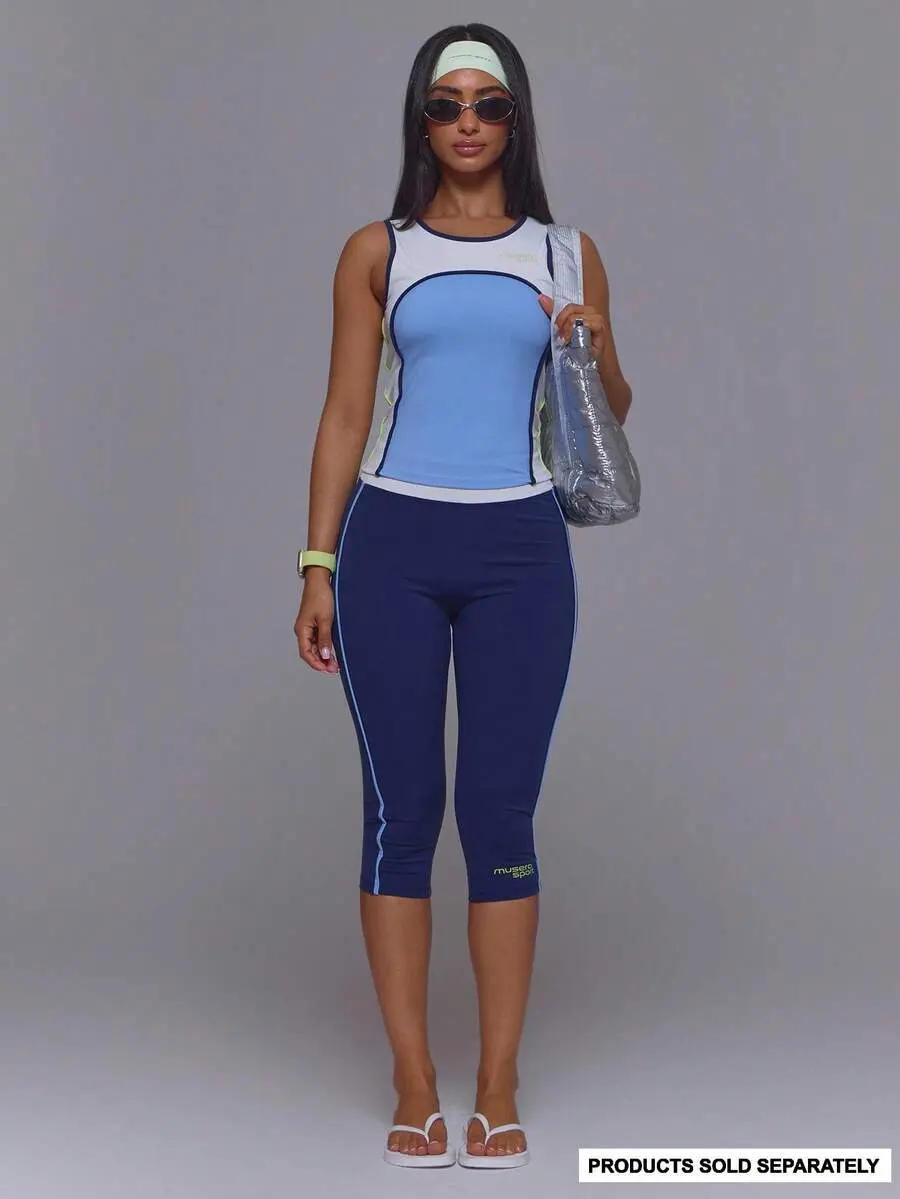 SLAYAURA Sport Navy Fitted Striped Side Musera Sport Logo Low Rise Fitted Capri Pant