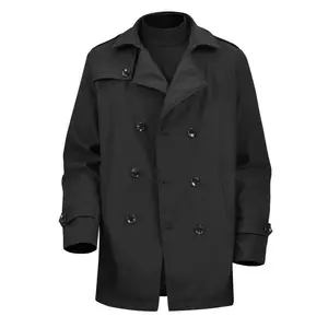 Men’s windbreaker, long-sleeved, for spring and autumn, solid color, double-breasted, classic long jacket, business-casual jacket, men’s black love