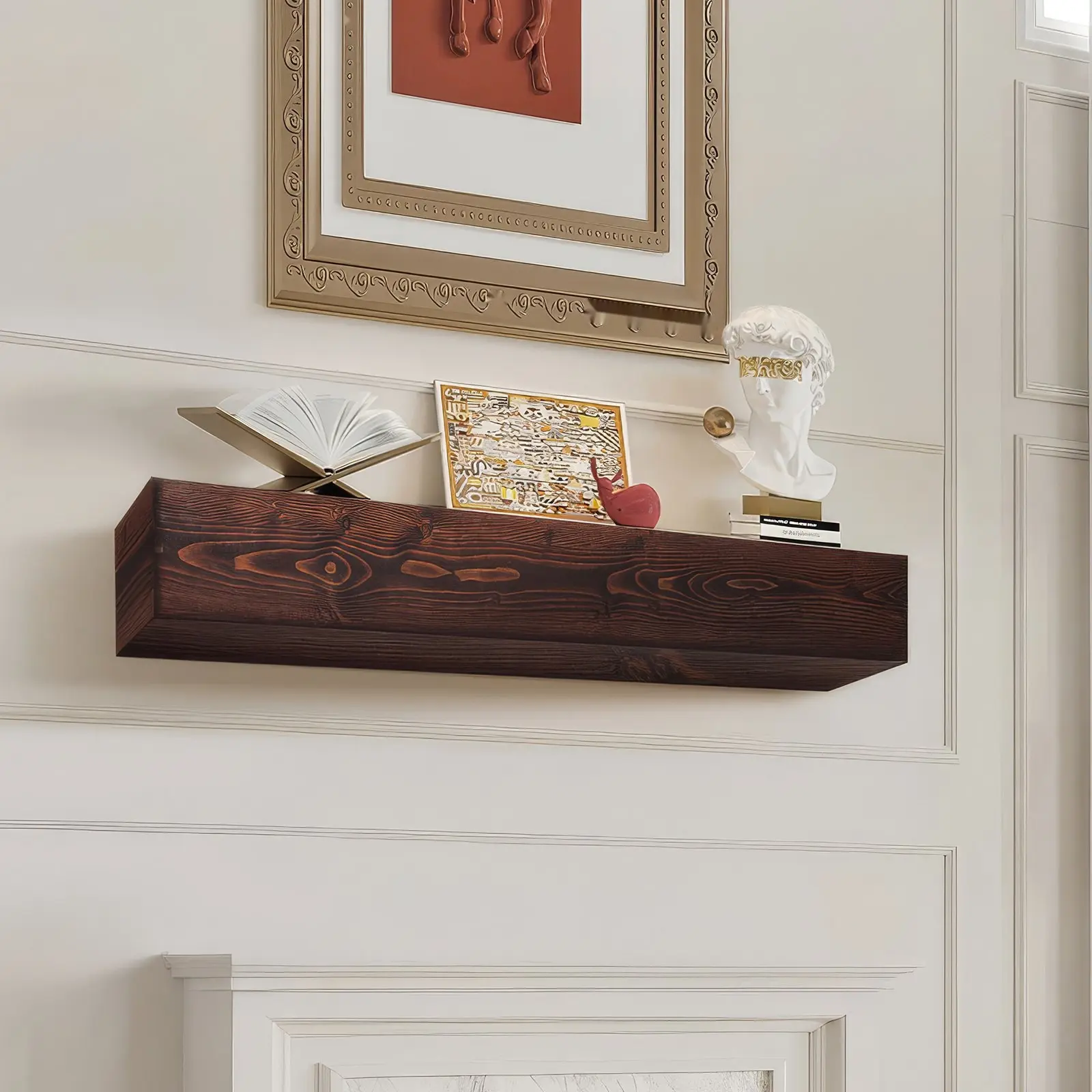 Fireplace Mantel Wood Shelf Floating Rustic Mantel 60-Inch Brown Finish for Living Room, Wall-Mounted Shelf Decor, Farmhouse Style Home Accessory, Solid Wood Construction, Easy Installation, Durable Support