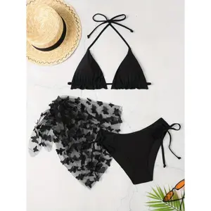 SolidColorButterflyApplique3PieceSetSwimsuits,TriangleHalterTieStrapLettuceTrimBikini,Women'sSwimwear&Clothing