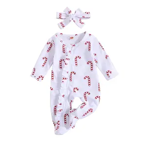 Newborn Baby Girls Outfit Infant Kids One-piece Romper Baby Footies Clothing Christmas Stripes Print Bodysuit for 0-12 Months
