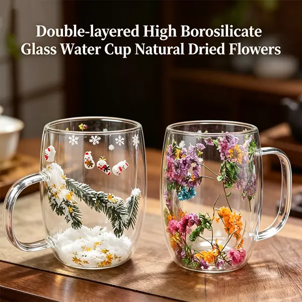 Aesthetic Heat-Resistant Transparent Double-Walled Glass Cup with Handle - Household Mug for Dried Flower Coffee, Snowman Themed Afternoon Tea, Internet-Famous Quicksand Milk Drinks