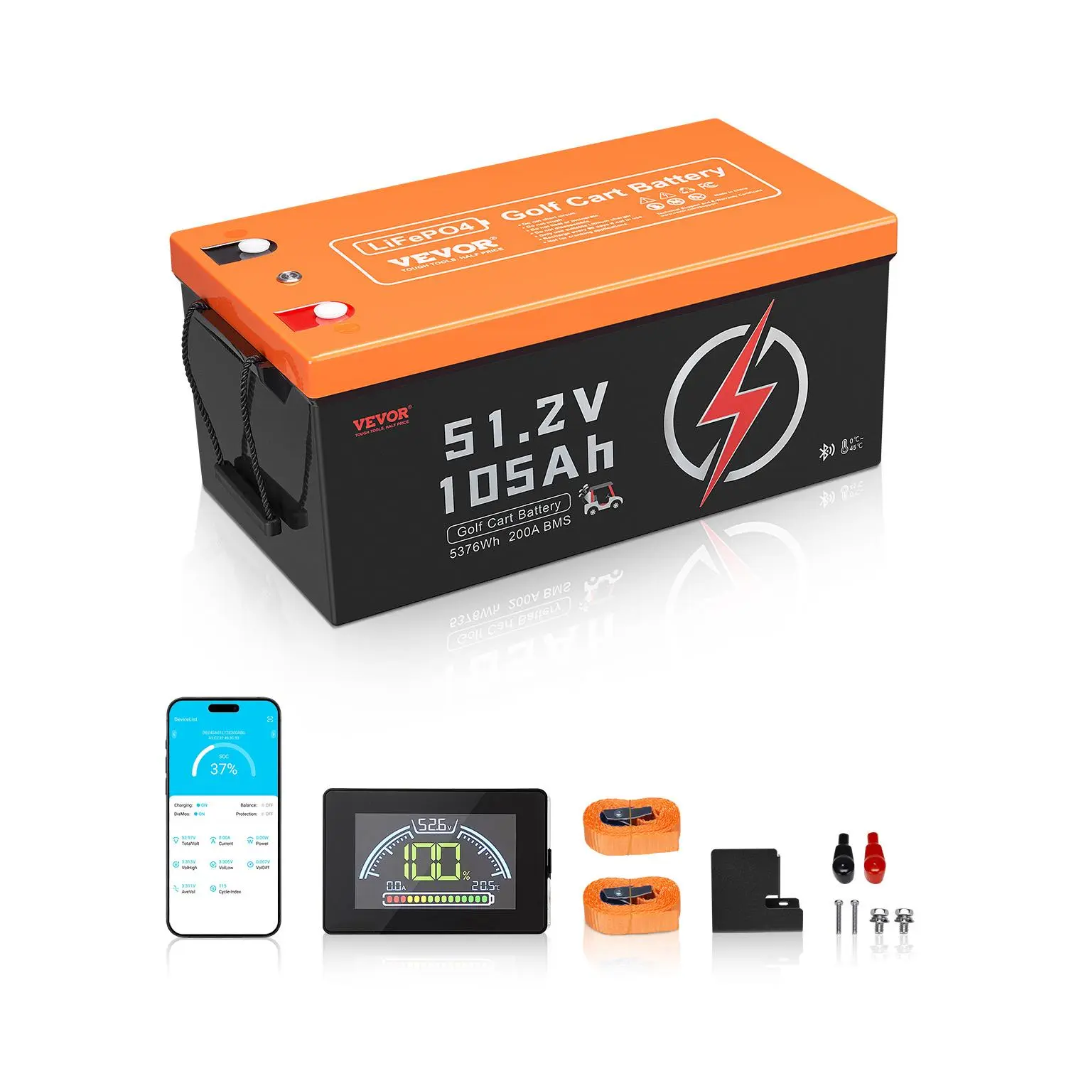 【summerfinds】VEVOR 48V 105Ah Golf Cart Lithium Battery, 48 Volt Golf Cart Battery with 200A BMS, LCD Monitor and Mobile APP, LiFePO4 Battery with 600A Peak Current, ABS Shell and 4000+ Cycles, for Golf Carts