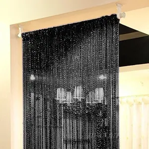 Black Curtains,Door Fringe Curtain,Door Curtains,Rare Flat Silver Ribbon,Thread Fringe Window Panel Room Divider Cute Strip Tassel Party Events(2 Pack, Black)