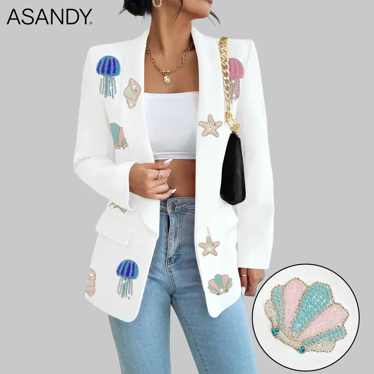 ASANDY Women's Cute Style Sparkly Ribbed Satin Coral Fit Ocean Theme Rhinestone Blazer - Jellyfish, Starfish, Shell Embellishments, Hoop Accents, Long Sleeve, Light Casual for Brunch, Vacation, Slip/Strappy Swimsuit Cover-Up Compatible, Dress, Lady, Women
