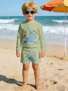 Spring and Summer Collection Shark Fish Bubbles Life Is Good Boy's Leica Shorts + Long Sleeve Swimsuit Set two-piece sun protection Quick-drying and breathable, skin-friendly and soft Beach vacation, versatile and casual children's separate swimsuit