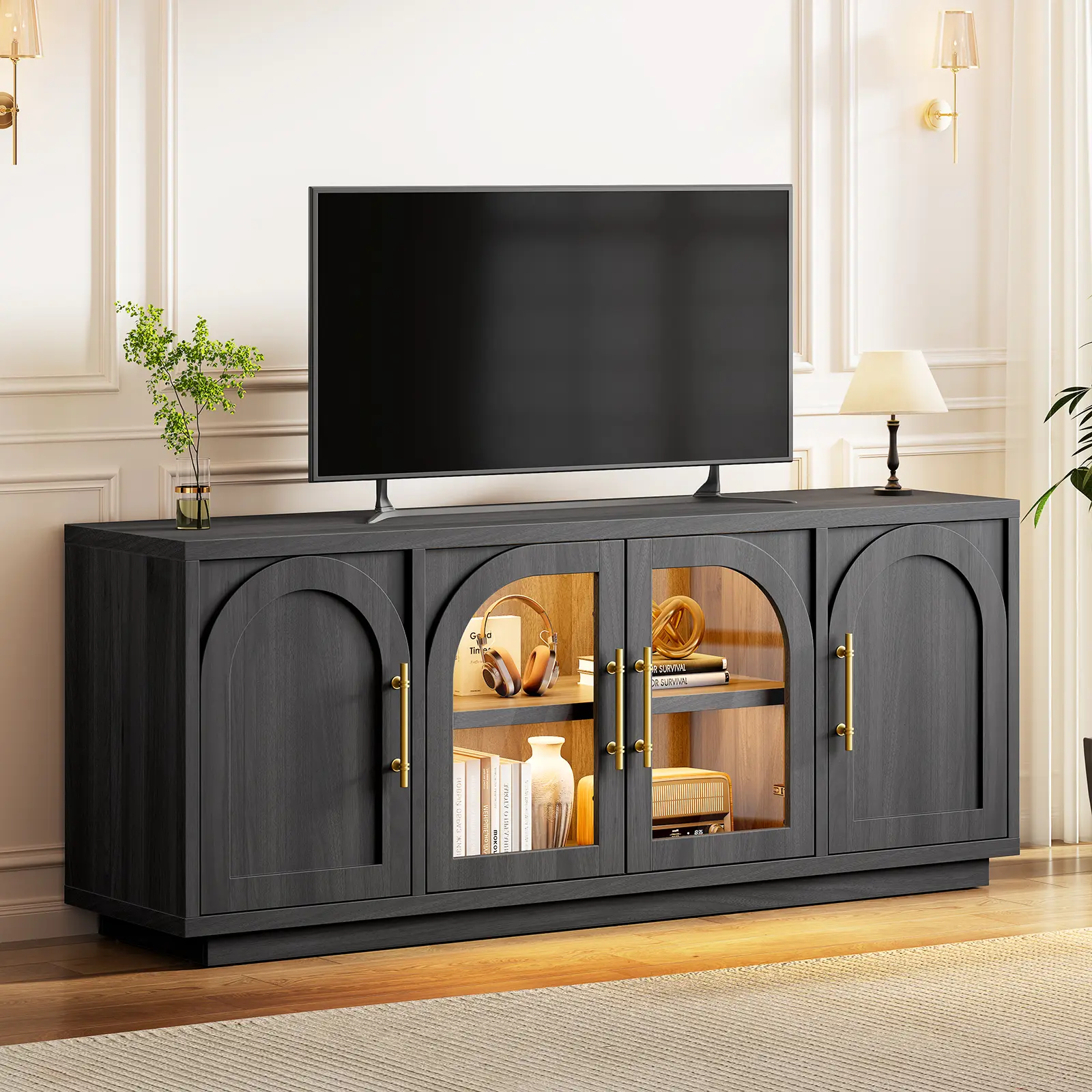 SIKAIC Black TV Stand with LED Lights and Storage, Modern Entertainment Center with Curved Design for Living Room