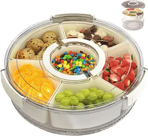 Snackle Box Container Divided Rotating Serving Tray with Lid and Handle, Portable for Fruits Snacks Veggie Charcuterie, Clear Snack Spinner Organizer and Fridge Storage Container for Trave and Picnic