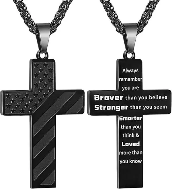 (Double-sided pattern design) 24 Inch Cross Necklace Bible Verse Stainless Steel American Flag Pendant Chain for Men Boys Jewelry Gift, Faith Necklace, American Patriotic Necklaces