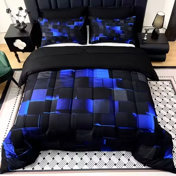 3-Piece Super Soft Quilted Comforter Set - Modern Grid Pattern Bedding with 180GSM Padding, Breathable All-Season Quilt & 2 Pillowcases (No Insert)