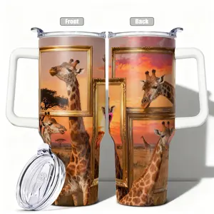 1pc, 40oz/30oz/20oz/14oz Stainless Steel Cup Giraffe in Golden Frames Double Wall Vacuum Insulated Cup Tumbler, Leakproof Lid & Carry Handle Travel Mug for Outdoor Camping Hiking, Gift for Dad, Mom, B