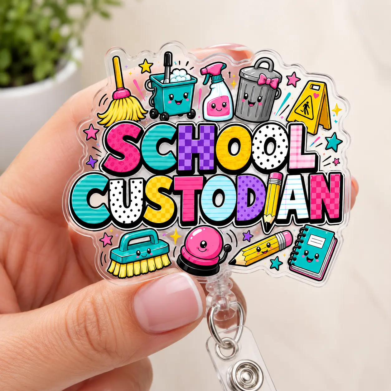 Badge Reel for School Custodian and Janitorial Staff, Cute Acrylic Retractable ID Badge Holder with Mop Bucket Spray Bottle and School Cleaning Designs, Fun Work Accessory for School Support Staff, 2 3 4 Inch