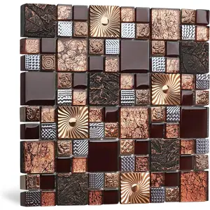 Red  Colors Glass Tile 2'' x 2'' Leaf Carving Imprints Antique Mosaics Textured Rose  Metal Kitchen Bathroom Walls Backsplash Tiles (Pack of 5 Square )
