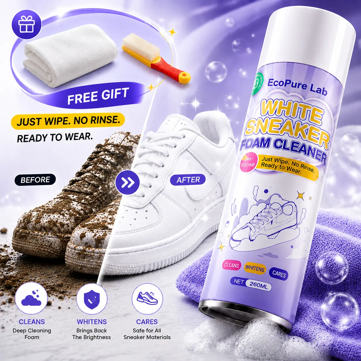 White Sneaker Cleaner Kit for Leather, Mesh & Canvas Footwear - Waterless Foam Formula Removes Yellowing & Stains, Complete with Brush & Towel, Rubber