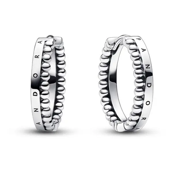 Pandora Signature Series Logo & Beaded Band Hoop Earrings 292310C00 - Unisex Adult Semiprecious Stone Jewelry, Reversible Hoops, Everyday Wear Jewelry, Versatile