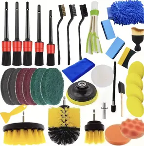 Complete Car Detailing Kit with Soft & Stiff Brushes Drill Attachments Sponges Microfiber Tools for Wheels Vents Upholstery and Tight Spaces